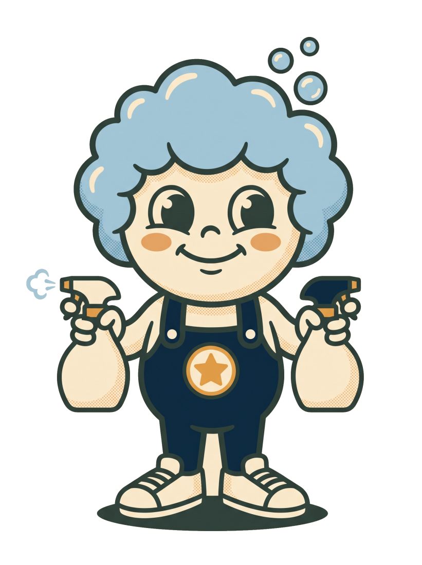Bubbles, a friendly blue Scrubblin holding spray bottles