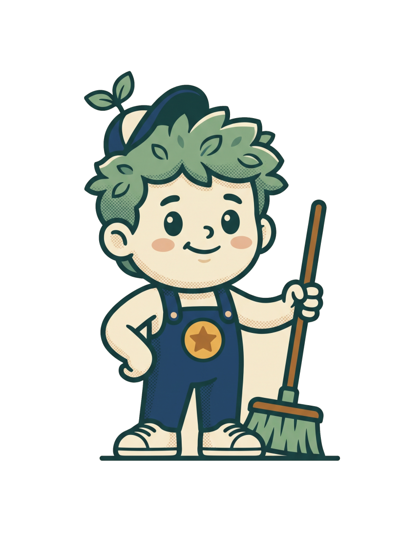 Sparky, a friendly green Scrubblin holding a broom