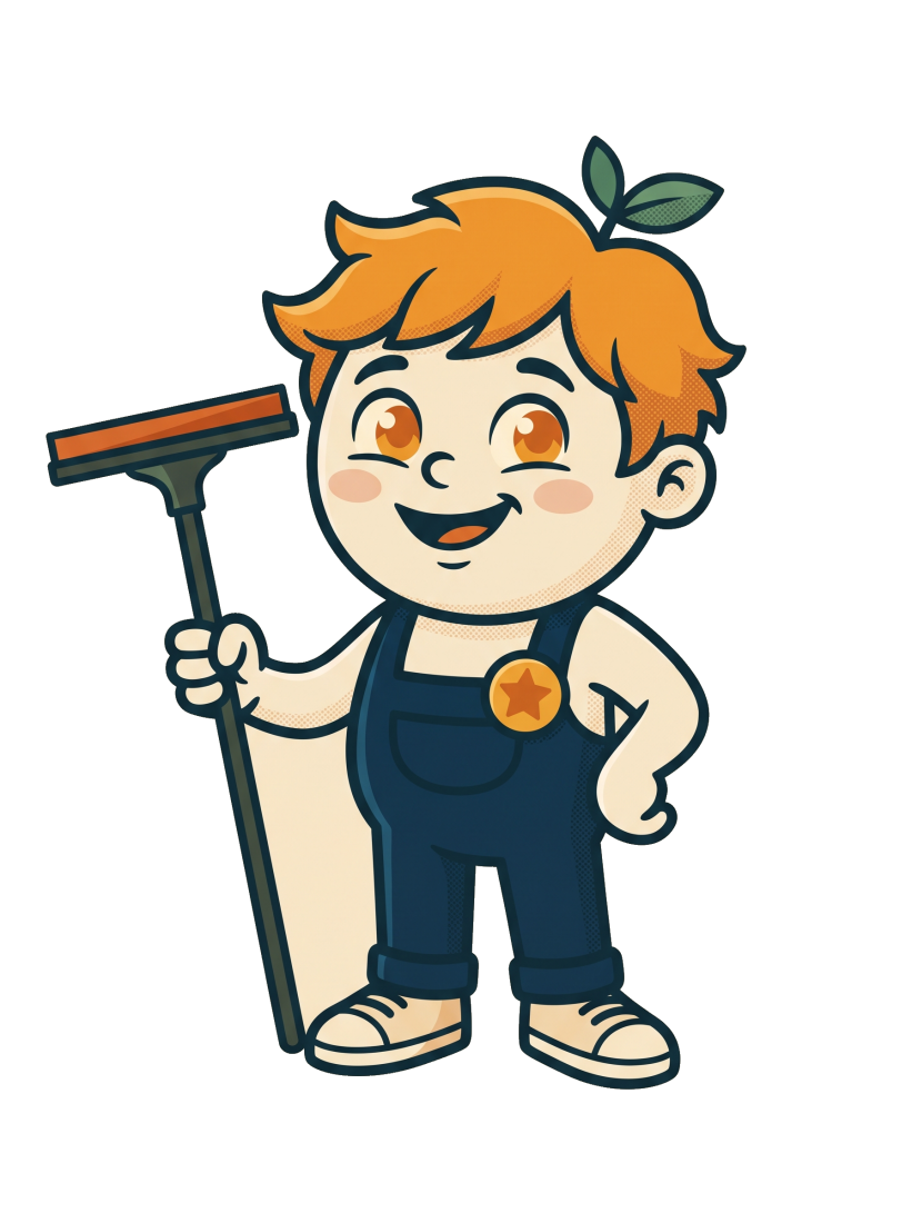 Zesty, a friendly orange Scrubblin holding a squeegee