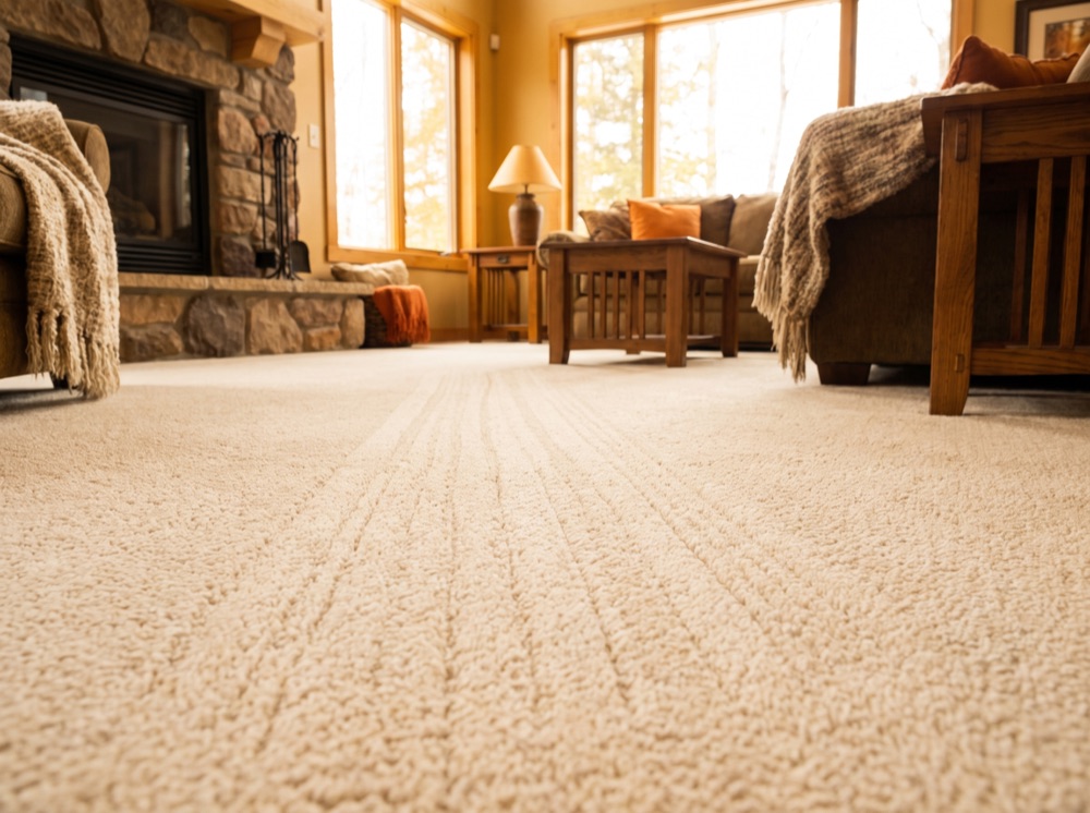 A plush, freshly steam-cleaned carpet in a warm living room