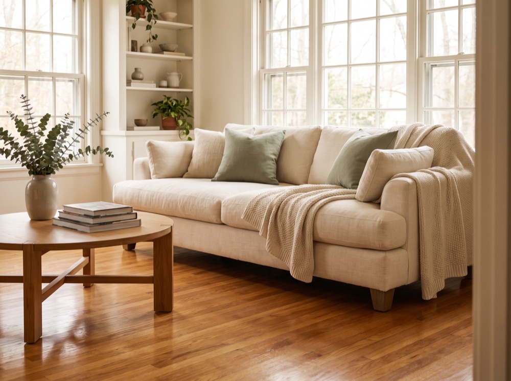 A bright, freshly cleaned living room with warm wood floors
