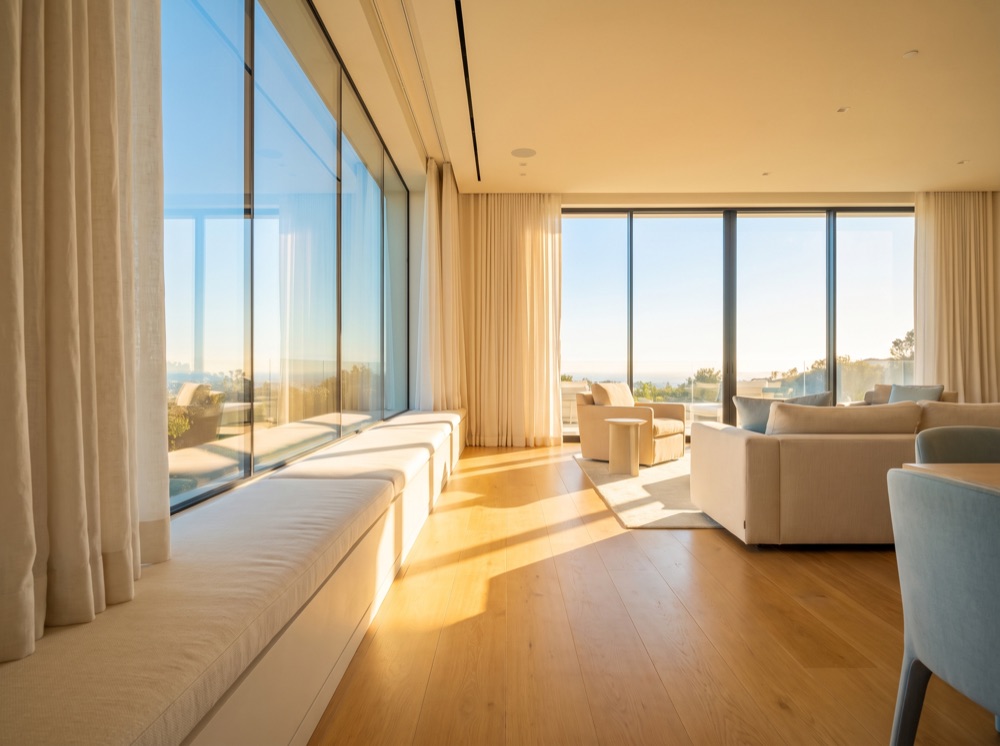 Sparkling clean floor-to-ceiling windows with sunlight streaming in